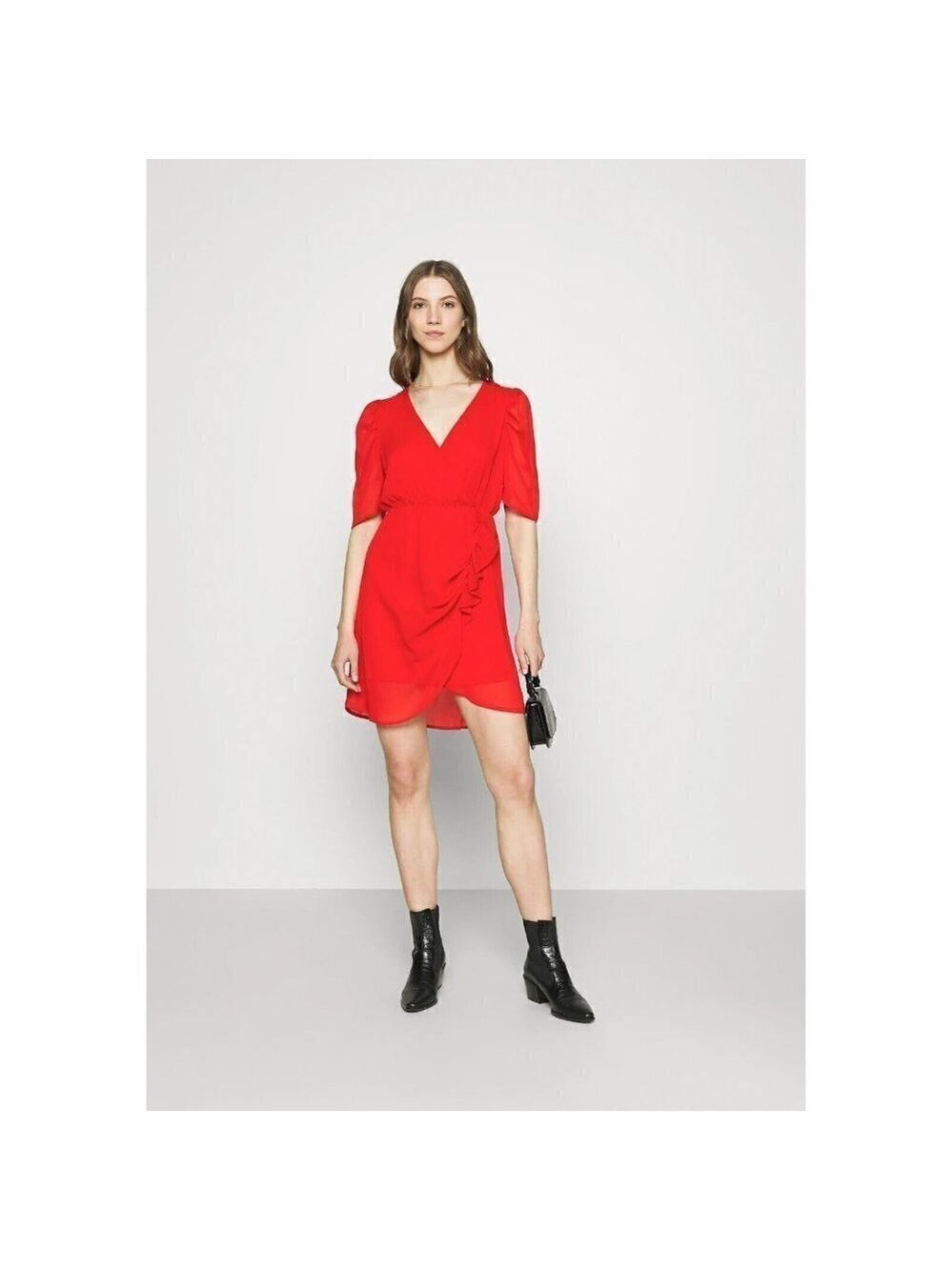 VERO Moda Red "Lee" Faux Wrap Dress Ruffle Trim